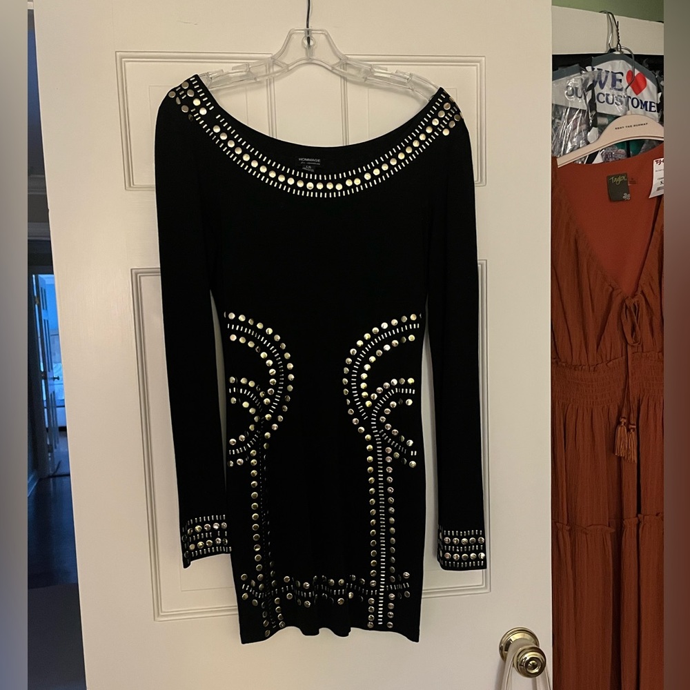 Studded Long Sleeve Black Dress